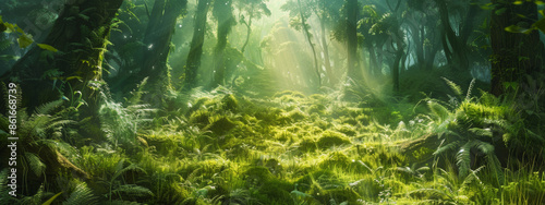 A mystical forest glade, with sunlight filtering through the dense canopy to illuminate a carpet of ferns and mosses covering the forest floor photo