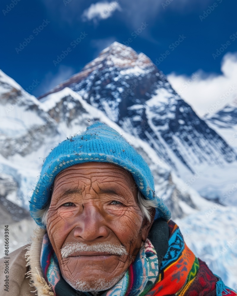 Elderly Sherpa Man in Traditional Attire Smiles in Front of Majestic Mount Everest, Symbolizing Resilience and Cultural Heritage on International Mountain Day Elderly Sherpa Man in Traditional Attire Smiles in Front of Majestic Mount Everest, Symbolizing Resilience and Cultural Heritage on International Mountain Day