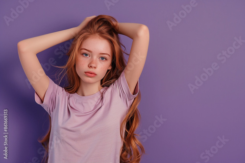 Portrait of a lovely young girl touching her hair, wearing a shirt, isolated on a purple background. Perfect for fashion and beauty themes