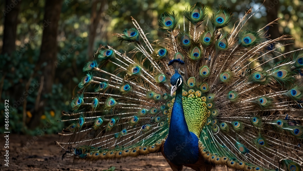 Naklejka premium The mesmerizing dance of a peacock displaying its plumage during mating season ai_generated