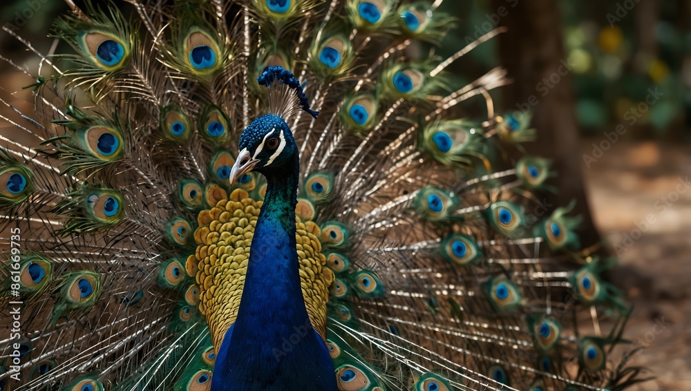 Obraz premium The mesmerizing dance of a peacock displaying its plumage during mating season ai_generated