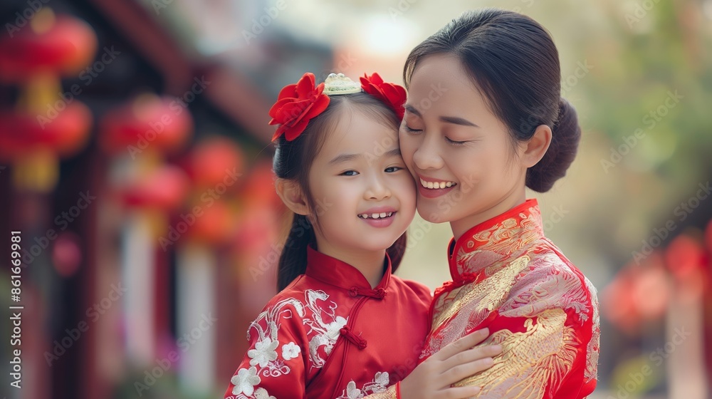 A mother and daughter in traditional red dresses share a joyful moment as they smile at each other against a backdrop of red lanterns. A mother and daughter in traditional red dresses share a joyful moment as they smile at each other against a backdrop of red lanterns.