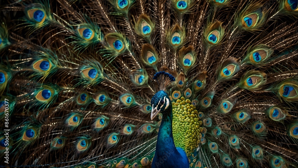 Fototapeta premium The vibrant iridescence of a peacock's majestic tail feathers in a painting or photograph ai_generated