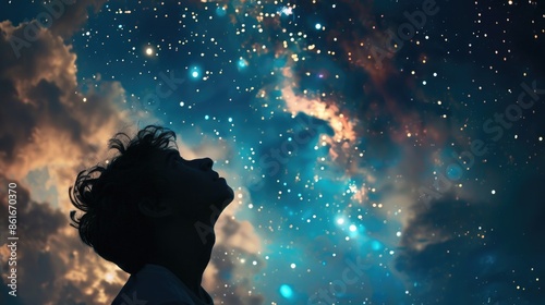 A person looking up at a starry night sky with a look of wonder on their face
