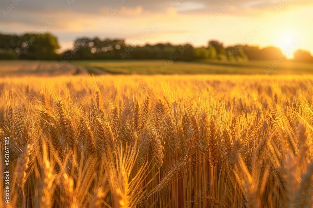 Golden wheat field at sunset with a beautiful sky, showcasing the beauty of agriculture and nature's bounty during harvest season. Golden wheat field at sunset with a beautiful sky, showcasing the beauty of agriculture and nature's bounty during harvest season.