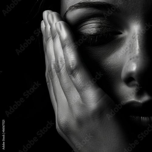 A hand covering the lower half of the face evoking a sense of secretiveness. Black and white art photo