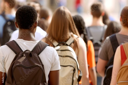 Diverse College Students Walking Through Campus, Sunny Day, Backpacks in Tow