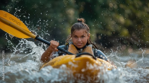 A woman in a red jacket paddles a yellow kayak in a river. The water is splashing around her, and she is focused on her task