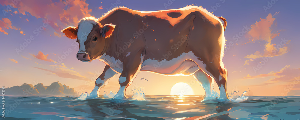 cartoon cow at the beach with sunset in background. Extremely detailed ...