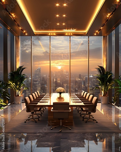 A high-end luxury boardroom where visionary senior executives meet to define leadership in an ever-changing business. The view outside is very beautiful. Suitable for use as inspiration for designers.