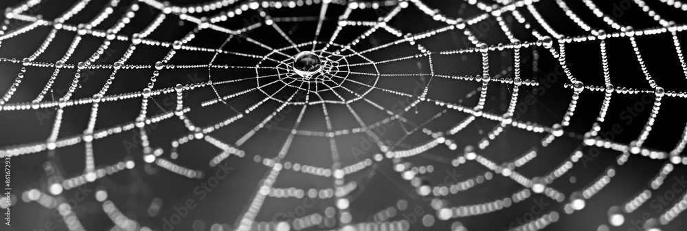 Obraz premium A closeup of a spider web revealing every intricate detail magnified by dew. Black and white art