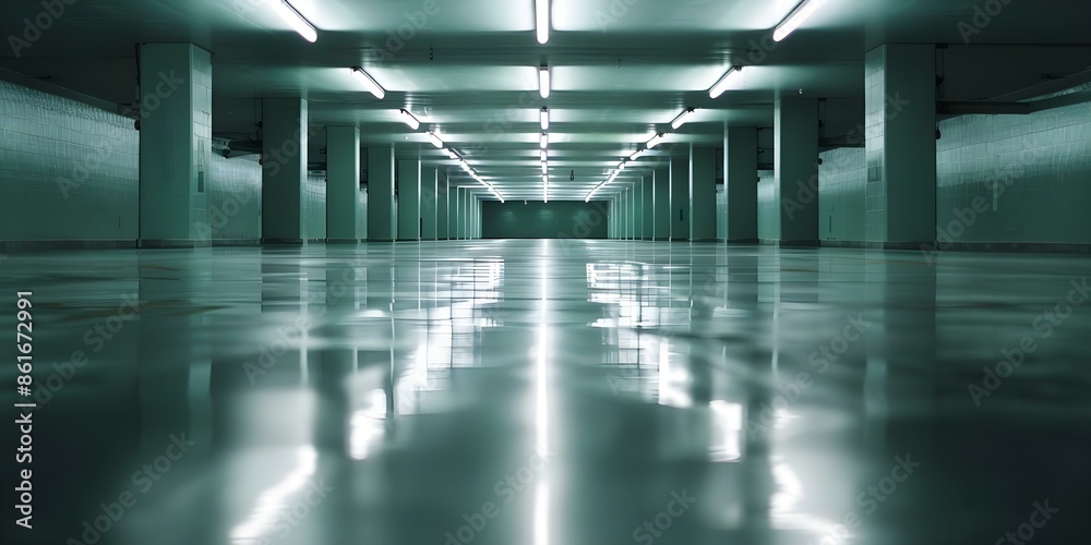 Illuminated underground parking garage with smooth reflective floor. Concept Underground Parking, Reflective Surfaces, Illuminated Spaces
