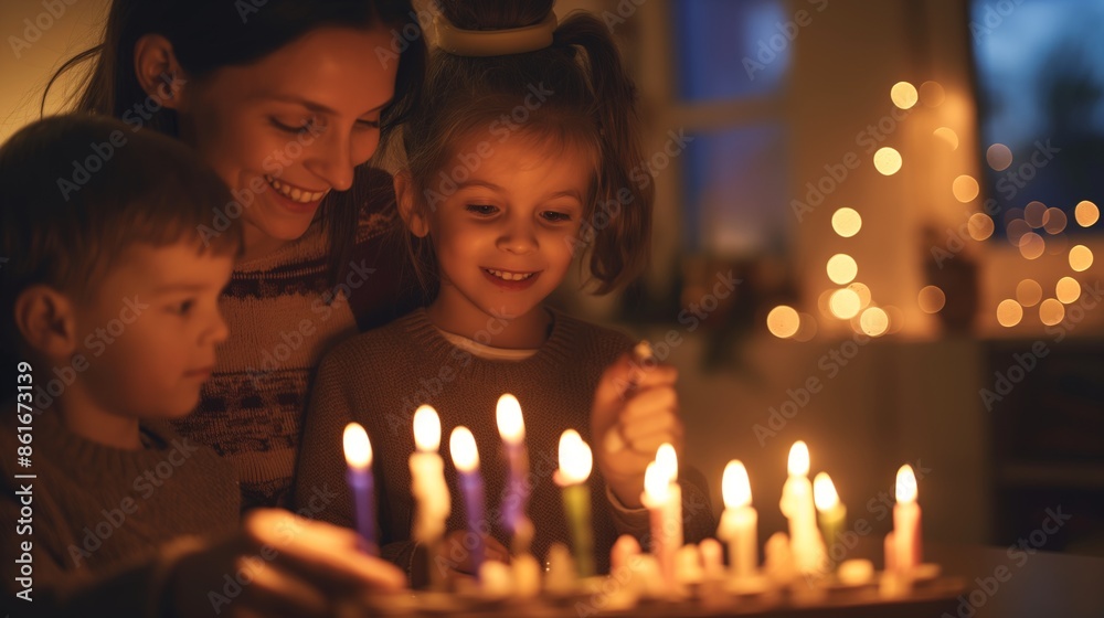 A heartwarming image of a mother and her kids lighting menorah candles together, surrounded by a cozy and festive holiday atmosphere. A heartwarming image of a mother and her kids lighting menorah candles together, surrounded by a cozy and festive holiday atmosphere.