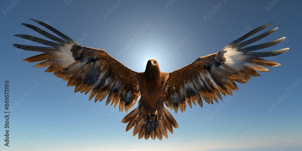 golden eagle in flight, Soaring Eagle in Sky A magnificent eagle soaring high in the sky, captured in a full-body shot, highlighting its powerful wings and sharp gaze against a clear blue background. golden eagle in flight, Soaring Eagle in Sky A magnificent eagle soaring high in the sky, captured in a full-body shot, highlighting its powerful wings and sharp gaze against a clear blue background.