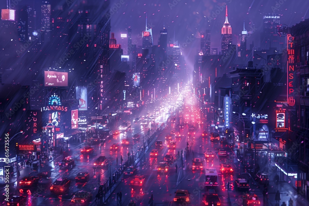Obraz premium A Rainy Night in a Neon-Lit City With Traffic Flowing Down a Wide Avenue