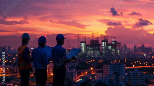 Silhouette of engineers and construction team working at a site with a pastel sunset background, ideal for industrial and engineering projects.