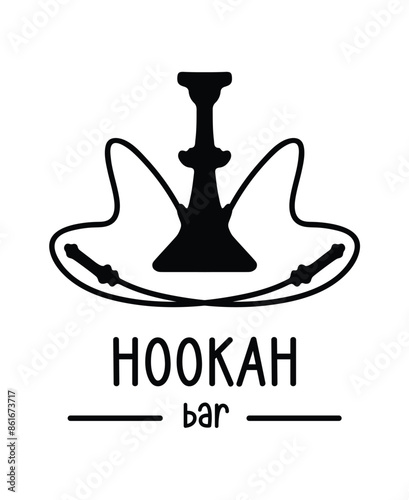 Logo template for hookah bar. Black and white illustration for engraving. Elements of bar equipment. Relaxation product. Stylized minimalistic drawing of a hookah.