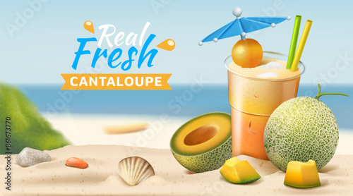 3D melon. Tropical cocktail ad banner. Summer beach. Island seashore. Cantaloupe juicy cut pieces. Ice smoothie glass. Fresh fruit food. Beverage promotion. Vector advertising background