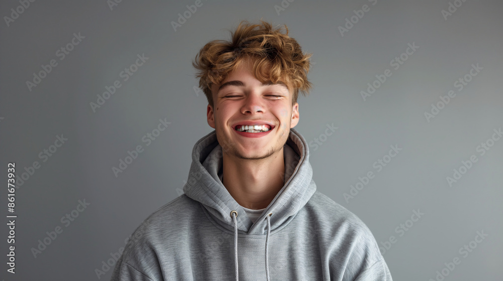 Fototapeta premium Happy young man with blond hair wearing a grey hoodie, smiling with eyes closed.