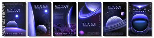 Space backgrounds. Galaxy exploration posters. Universe planets and stars. Astronaut spacesuit. Cartoon Earth in sky with colorful gradients. Cosmic discovery. Vector banners design set