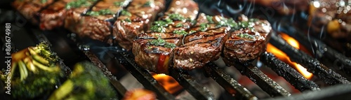 Delicious grilled steak with herbs and vegetables cooking on a barbecue grill, perfect for a summer cookout or barbecue party. photo