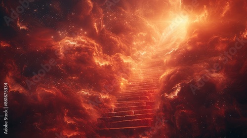 Stairway to Heaven in Fiery Clouds, Dramatic Surreal Dreamscape with Vibrant Reds and Oranges