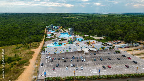 A breathtaking aerial view of Istralandia, the famous aquapark in Istria. This vibrant park is filled with exciting water slides, pools, and fun attractions captured by drone photo