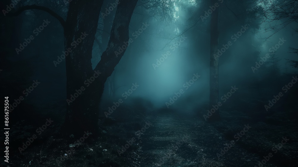 Fototapeta premium A mysterious and eerie dark forest scene with a trail leading into foggy depths, illuminated by a soft ominous glow, evoking a sense of intrigue and wonder.