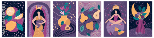 Cute flower posters. Abstract doodle bouquet with lemon and pineapple. Relaxing woman. Invitation flyer or cover with papaya and pear. Tropical leaves in vase. Vector mystic cards set