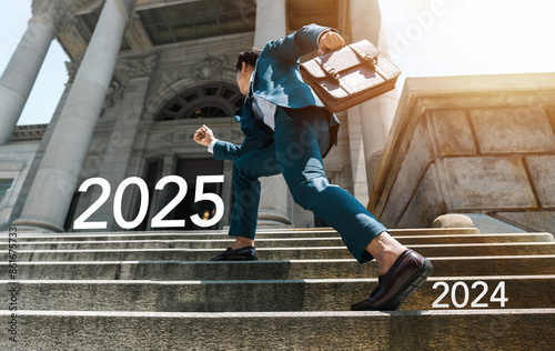 Goal concept. Year 2025. The beginning of a successful businessman. 2025 text in front of a businessman. ambition Start planning to achieve your goals. Happy New Year concept, success