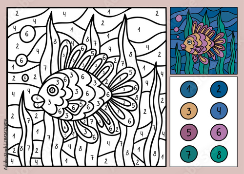 Color game. Spring activity worksheet. Kawaii children sea fish. Coloring puzzle by number sheets. Nature picture. Cartoon underwater animal. Contour drawing. Vector quiz page design