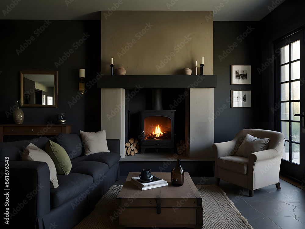 Antique fireplace and a sofa to sit on and warm up to the fire, create warmth in the winter, a charcoal stove Antique fireplace and a sofa to sit on and warm up to the fire, create warmth in the winter, a charcoal stove