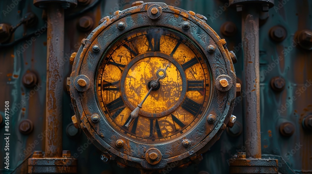 A close-up image of a clock face with intricate details and a worn, rusty appearance A close-up image of a clock face with intricate details and a worn, rusty appearance