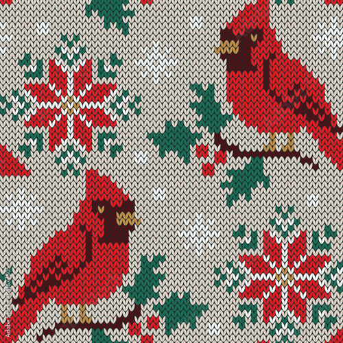 Cardinal red bird in poinsettia and holly flower jacquard knitted seamless pattern. Christmas winter background. Vector illustration.