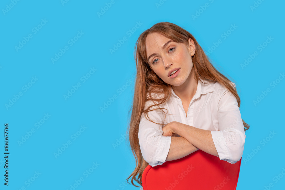 Young Woman Sitting With Arms Crossed in Front of Blue Background Young Woman Sitting With Arms Crossed in Front of Blue Background