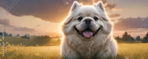 cartoon dog at the meadow with sunset in background. Extremely detailed high resolution illustration photo