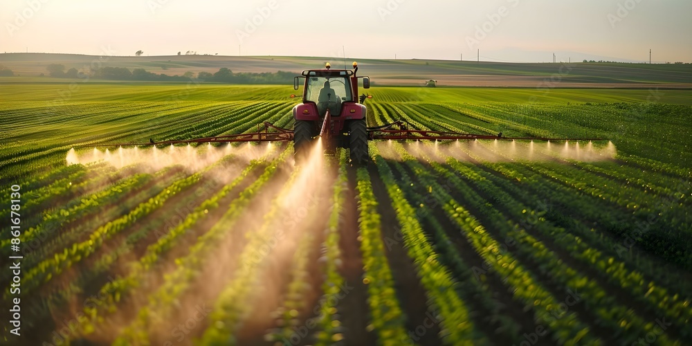 Pesticide Spraying Tractor in a Large Green Farm Field. Concept Farming Practices, Crop Care, Agricultural Machinery, Pest Control, Modern Agriculture Pesticide Spraying Tractor in a Large Green Farm Field. Concept Farming Practices, Crop Care, Agricultural Machinery, Pest Control, Modern Agriculture