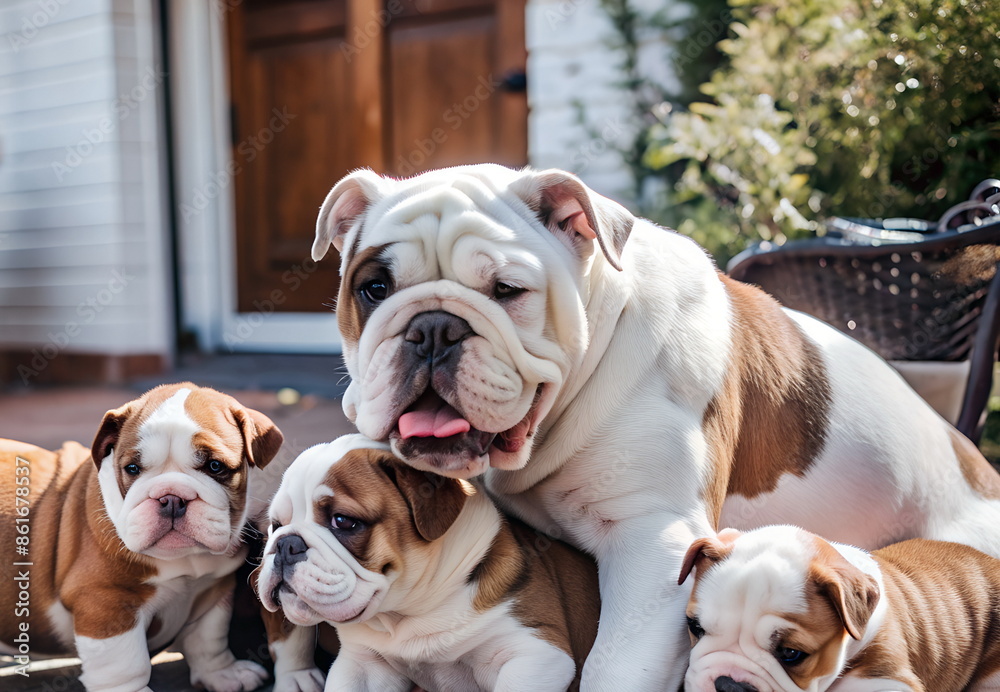 English bulldog mother with puppies in the garden English bulldog mother with puppies in the garden