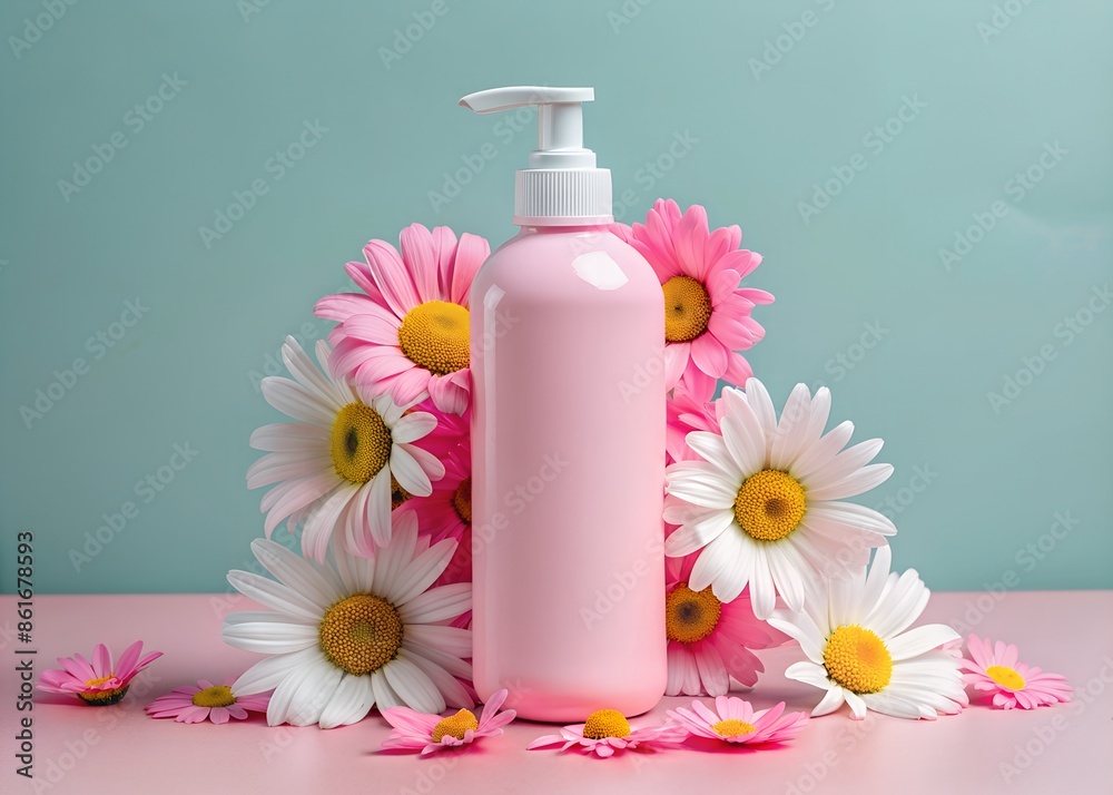 Blank Bottle for beauty products Mockup with flowers Blank Bottle for beauty products Mockup with flowers