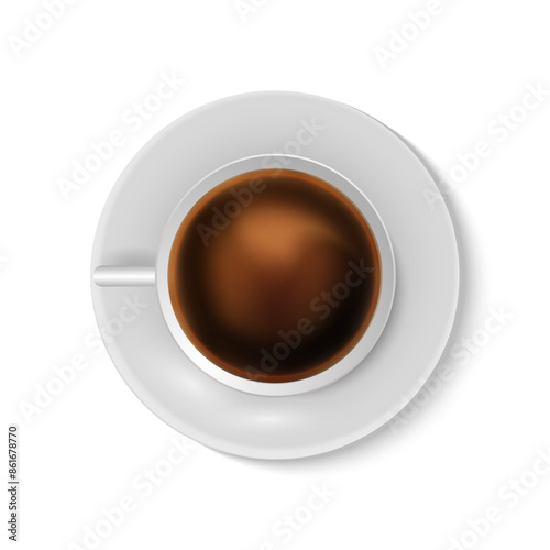 Coffee mug. Realistic cup on plate with espresso. White ceramic utensil with hot caffeine top view. tableware for americano or cappuccino. Cafe or restaurant drinks menu. Vector illustration
