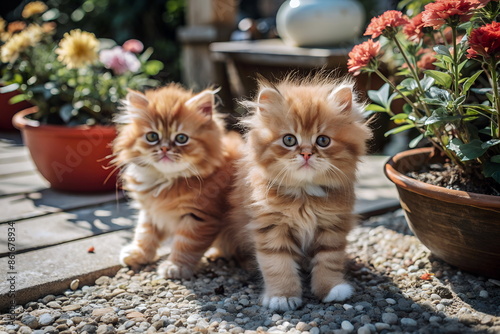 Cute persian kitty outdoor in a garden. Persian red tabby color cats photo