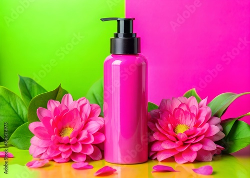 Blank Bottle for beauty products Mockup with flowers