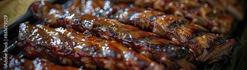 Close-up shot of perfectly grilled, juicy, and tender ribs with a glossy barbecue sauce glaze, showcased on a black grill rack.