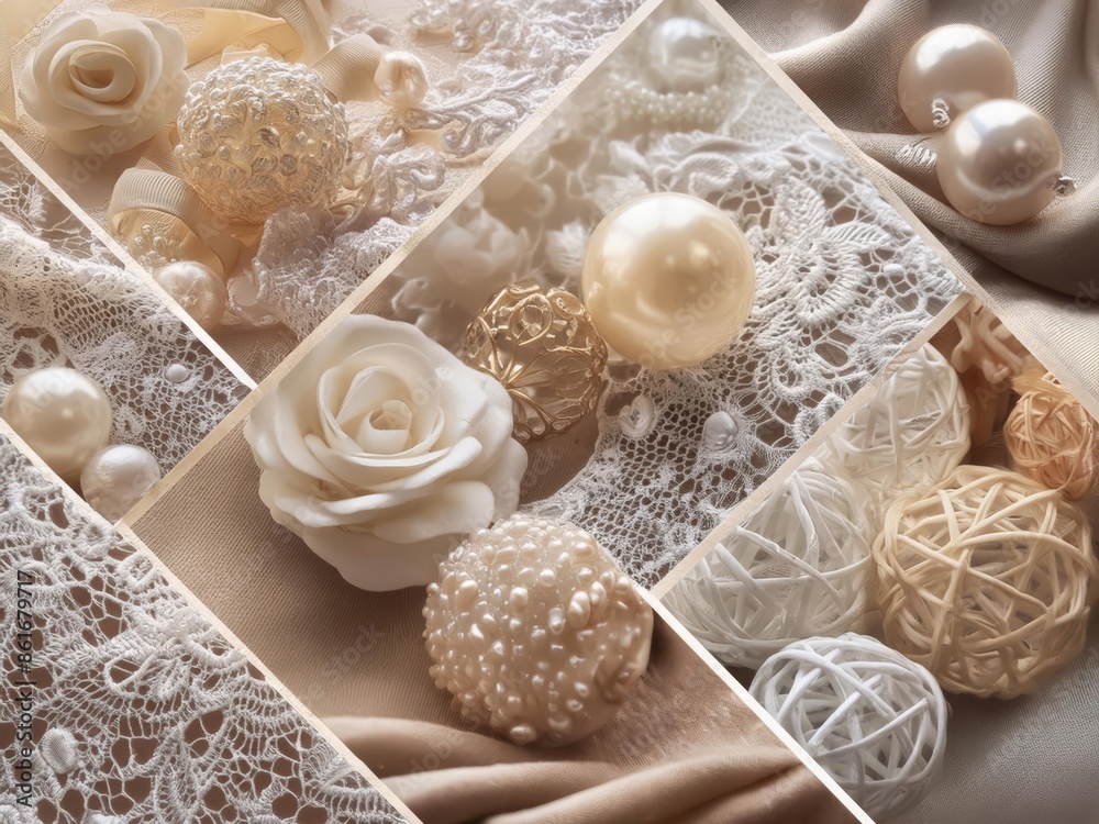 beige and white lace and pearls,collage