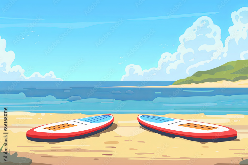 Range of Paddle Boards Resting on the beach. Website Banner Concept Range of Paddle Boards Resting on the beach. Website Banner Concept