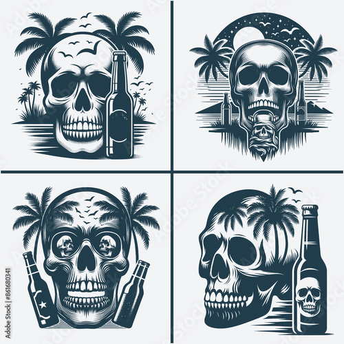 skull head with beer bootle and palm trees svg vector file