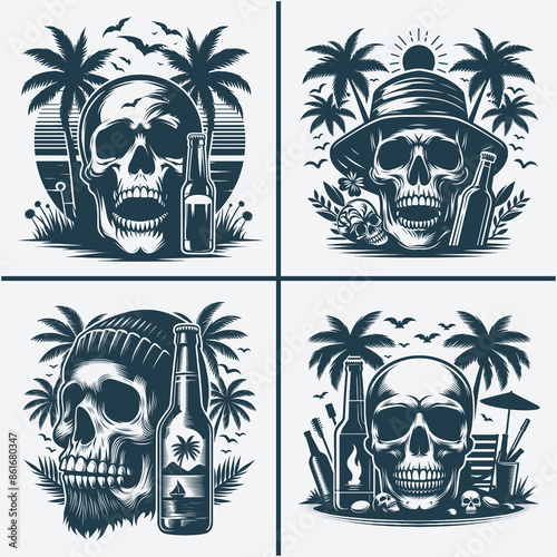 skull head with beer bootle and palm trees svg vector file