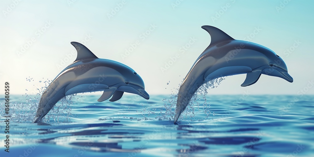 dolphin in the water., Playful Dolphins in Ocean A pair of playful dolphins leaping out of the water in the ocean, captured in a dynamic full-body dolphin in the water., Playful Dolphins in Ocean A pair of playful dolphins leaping out of the water in the ocean, captured in a dynamic full-body