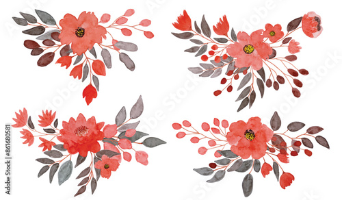 Set of floral branch. flower red rose, green leaves. flower arrangement collection with watercolor. red flower bouquets, leaf branches, wedding, ornament, invite. greeting card, invitation