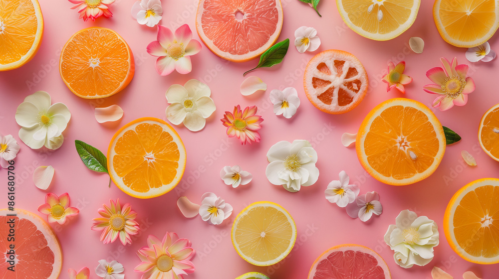 Vibrant floral and fruit sequence on pink background. Orange, flowers pink background. It's time for summer
